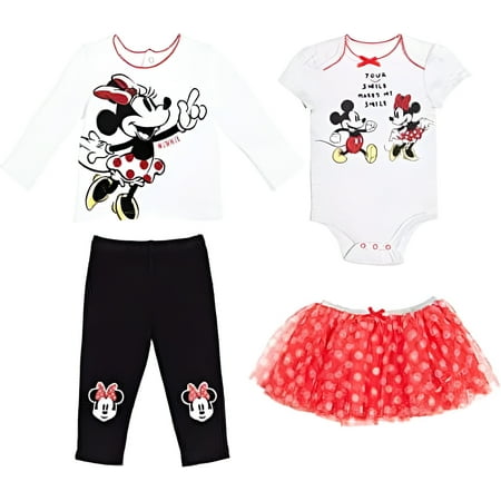 Disney Minnie Mouse Infant Baby Girls Bodysuit Graphic T-Shirt Mesh Skirt and Leggings 4 Piece Layette Set 3-6 Months