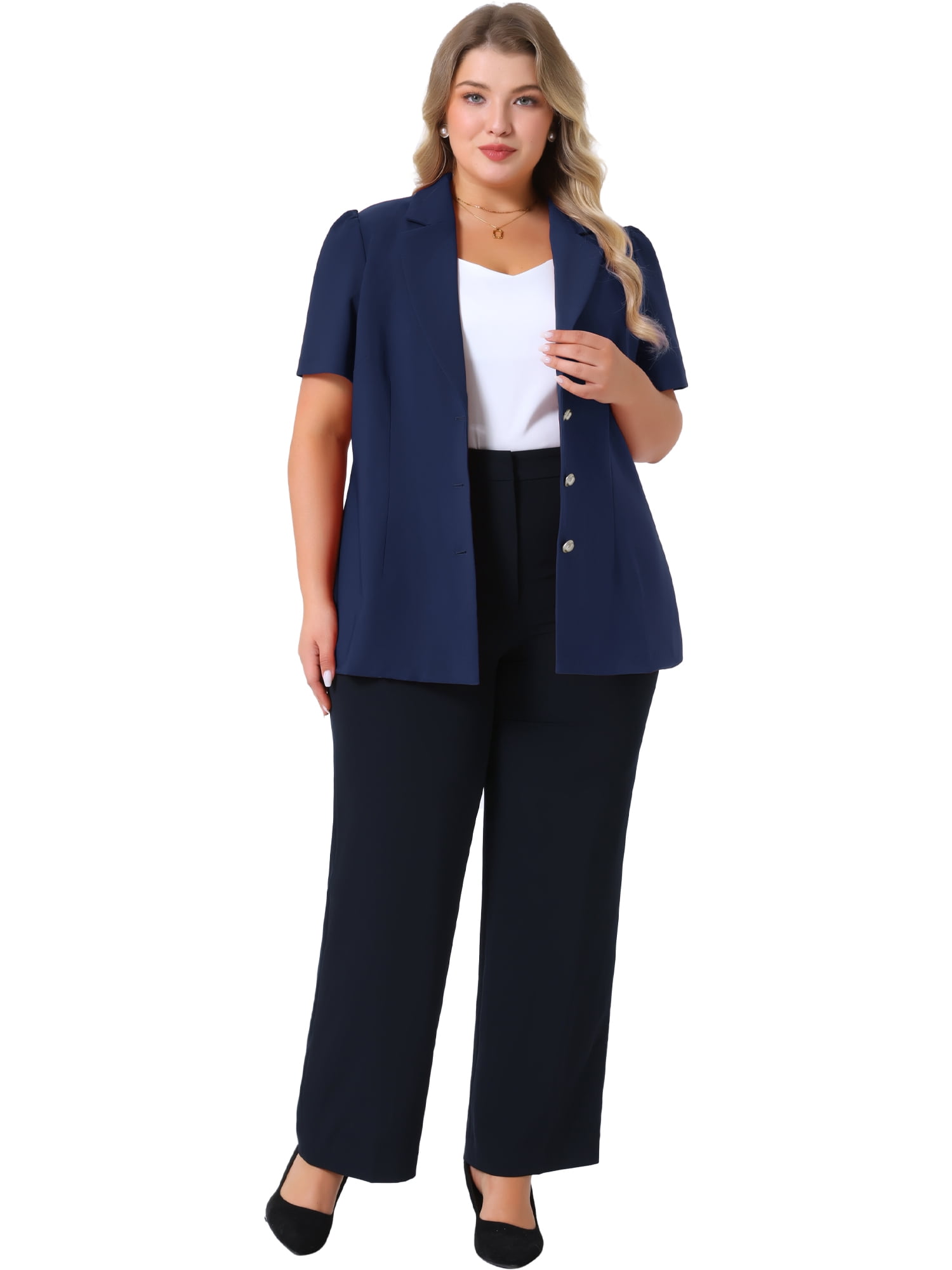 DARING DIVA Women's Plus Short Puff Sleeve Notched Lapel Blazer Jackets Navy Blue 2X
