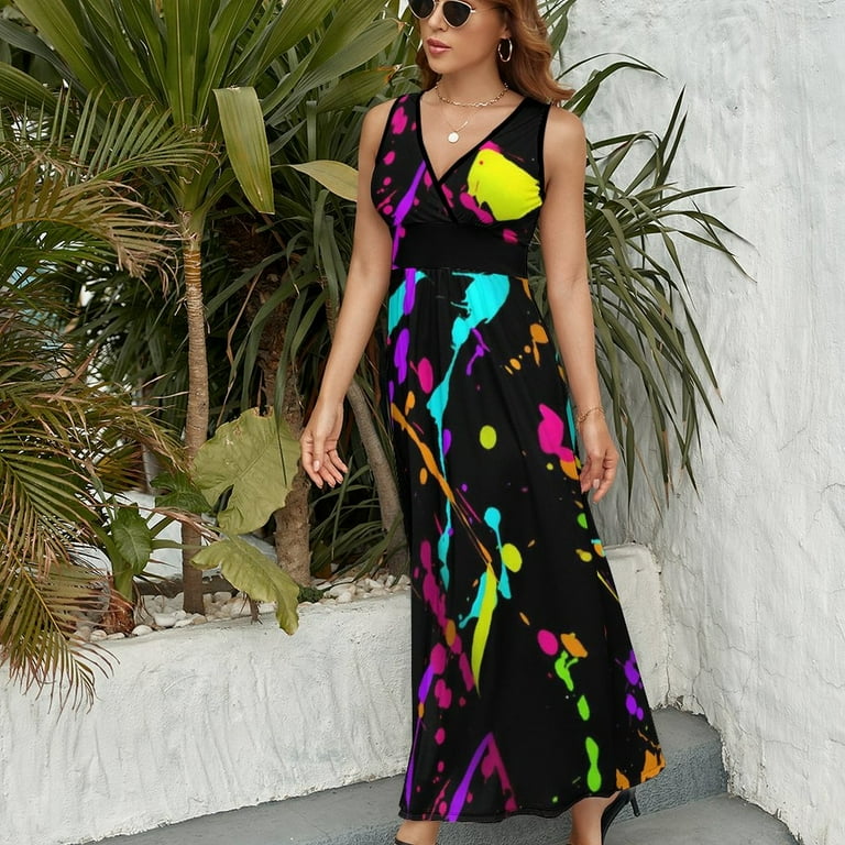 Glow in Dark Splatter Neon Dress LadiesVintage Maxi Dress V Neck High Waist Casual Custom Bohemia Long Dresses Walmart