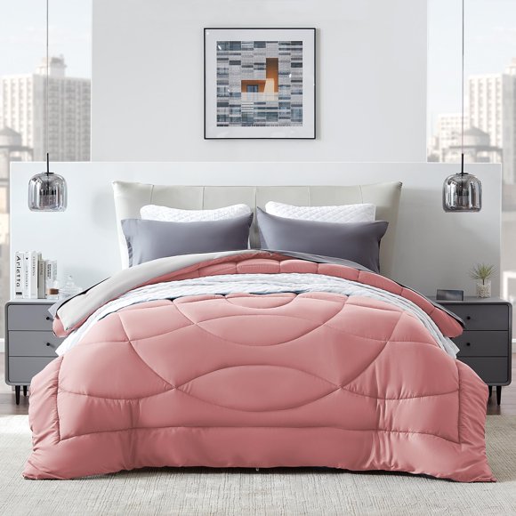 SLEEP ZONE Queen Comforter Duvet Insert, Down Alternative Reversible Comforter, Lightweight, Soft and Breathable Bedding All Season, A Side Pink + B Side Grey