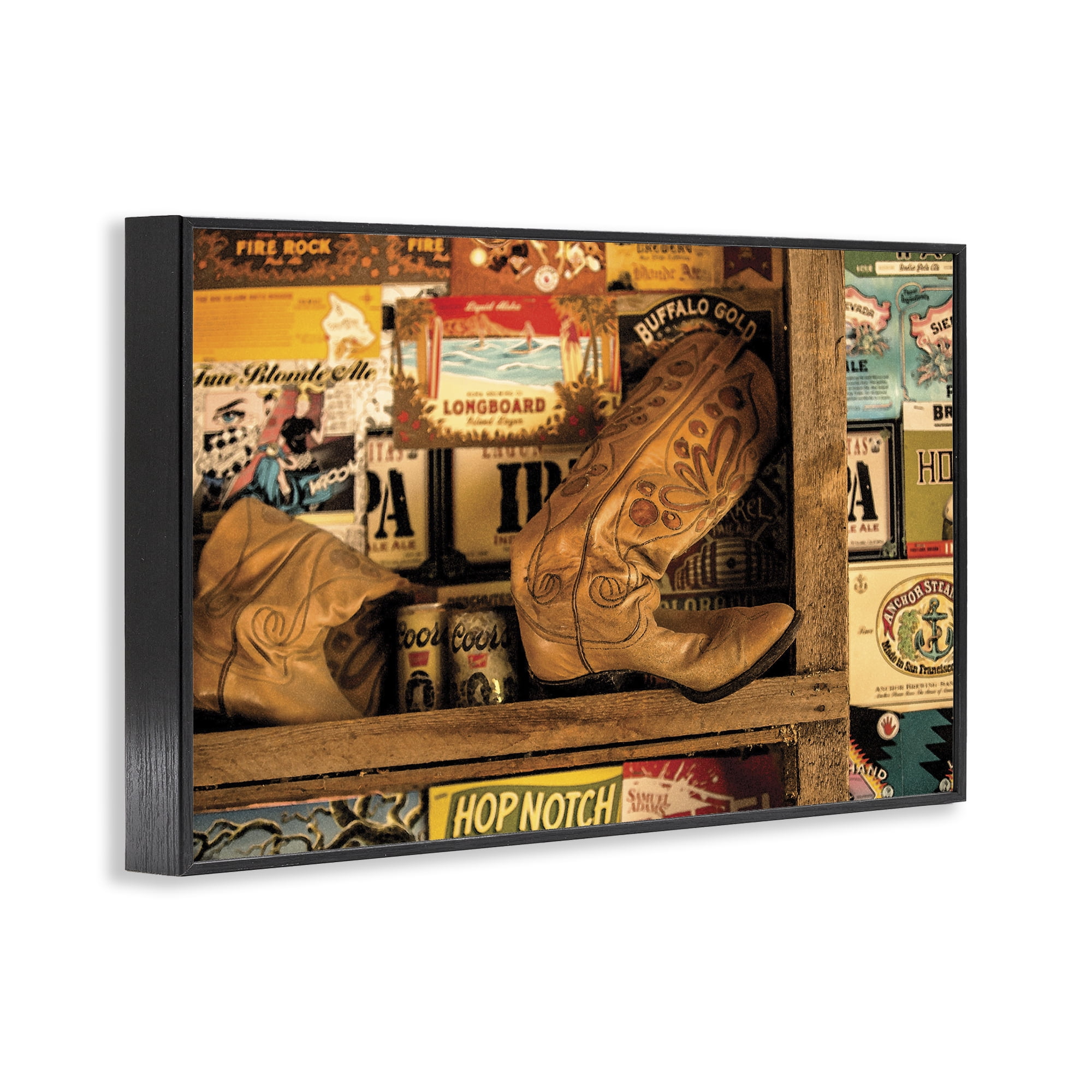Stupell Industries Western Boots on Shelf Beauty & Fashion Painting Black Framed Art Print Wall Art, 30 x 20