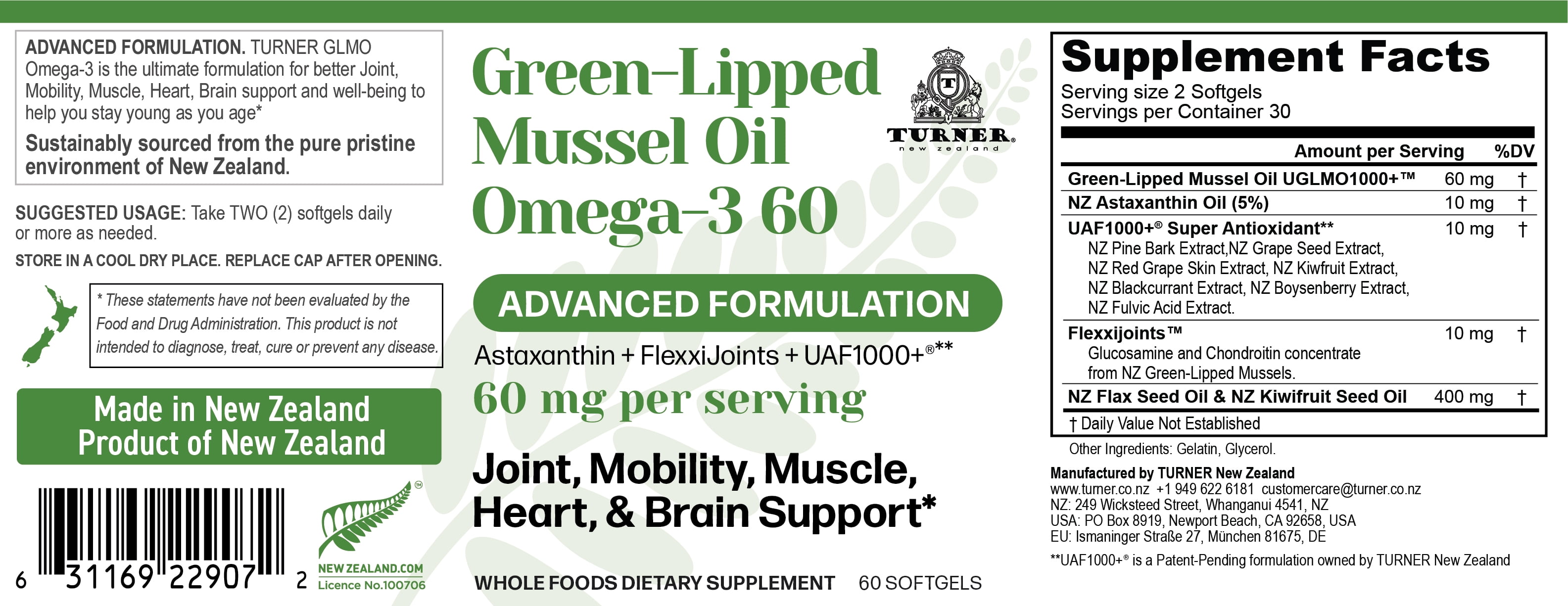 TURNER Green Lipped Mussel Oil Omega 3 Supplement Capsules, 2 Pack, 120 Count