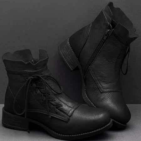 

Women Leather Non-slip Round Toe Lace-Up Side Zipper Low-heeled Shoe Ankle Boots