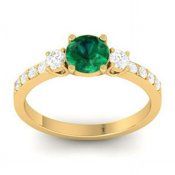 1CT Round Cut Green Emerald and Moissanite Three Stone Engagement Ring for Women, 14K Yellow Gold Plated