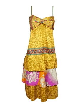 Mogul Women Boho Beach Dress, Strap Dress, Printed Recycle Silk Ruffled Yellow Spaghetti Strap Dress, SM