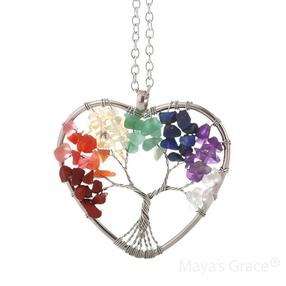 Maya's Grace 7 Chakra Tree of Life Pendant Necklace with Natural Gemstones - Chakra Heart