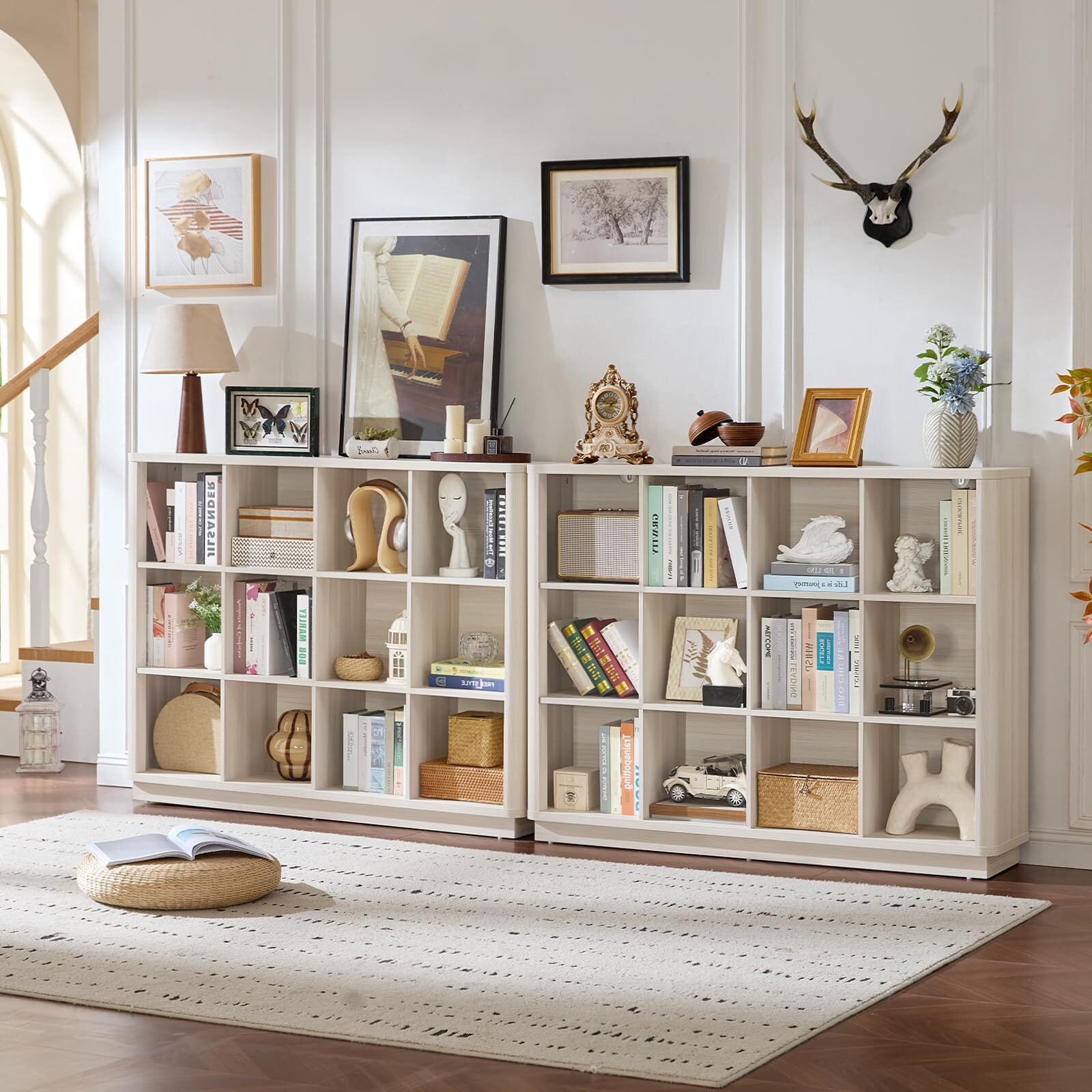 Buildhom 12-Cube 3-Tier Storage Bookcase, 41" Tall Floor Standing Bookshelf with Curved Edge for Living Room, Office, Gray-White