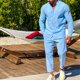 thumbnail image 2 of Traje de manga larga para hombre, cuello alto, cuello en V, informal, cómodo, color puro, camisetas y pantalones de poliéster suave, azul XXL, 2 of 6