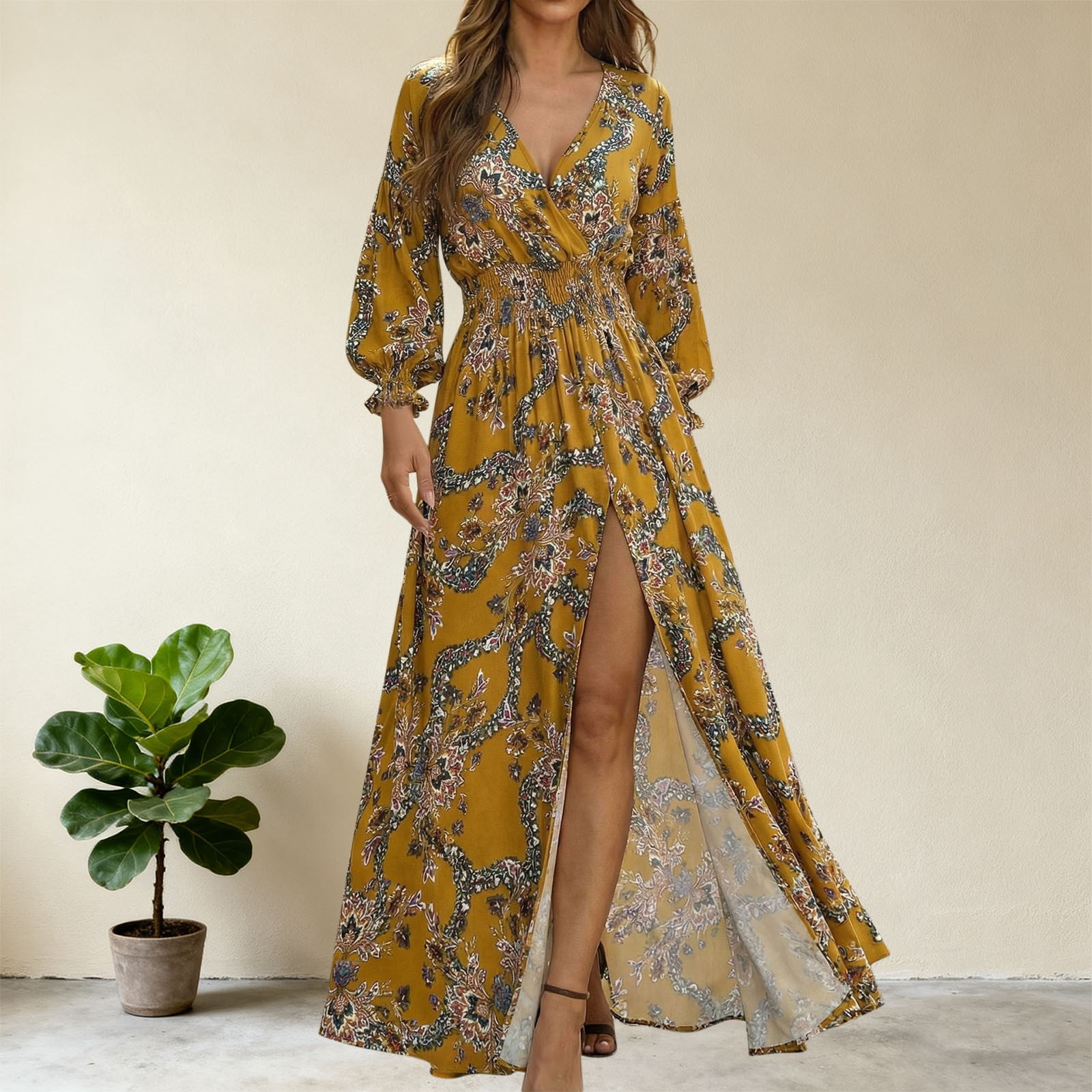 Women's Boho Floral Print V-Neck Maxi Dress Long Sleeve Smocked Waist High Slit Flowy Beach Dress