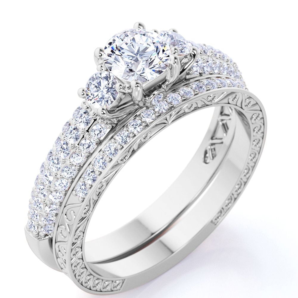 JeenMata 1.75 Carat Round Cut 3 Stone Lab Grown Diamond Bridal Ring Set for Women, Past Present Future Vintage Wedding Ring Set in 10K White Gold