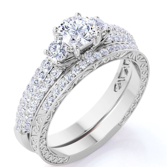 JeenMata 1.75 Carat Round Cut 3 Stone Lab Grown Diamond Bridal Ring Set for Women, Past Present Future Vintage Wedding Ring Set in 10K White Gold