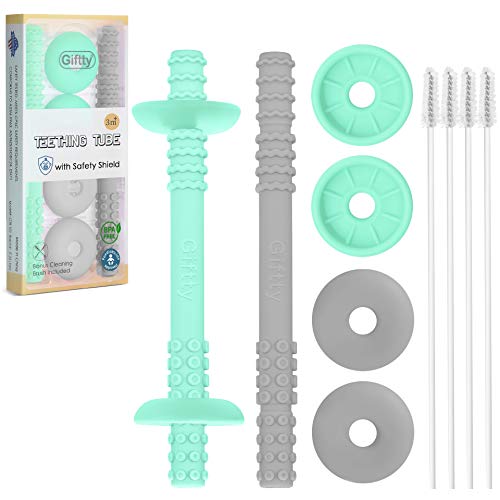 Food-Grade Silicone for Infant 3-12 Months Boys Girls 1 Pair with 4 Cleaning Brush Included Teething Tube with Safety Shield Baby Hollow Teether Sensory Toys Gum Massager Emerald+Gray