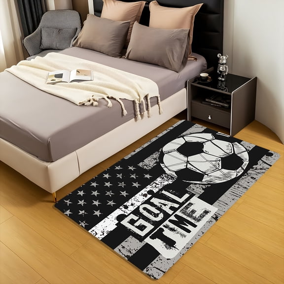 Ultra-Soft Flannel Soccer & Flag Design Area Rug - Machine Washable, Non-Slip, Perfect for Living Room, Bedroom, Kitchen, and More - Versatile Home Decor Carpet