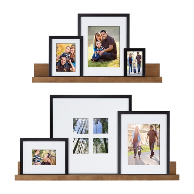 Kate and Laurel Gallery Transitional Frame and Shelf Set, Set of 8, Rustic Brown and Black, Sophisticated Picture Frame Collage With Multiple Sizes Included