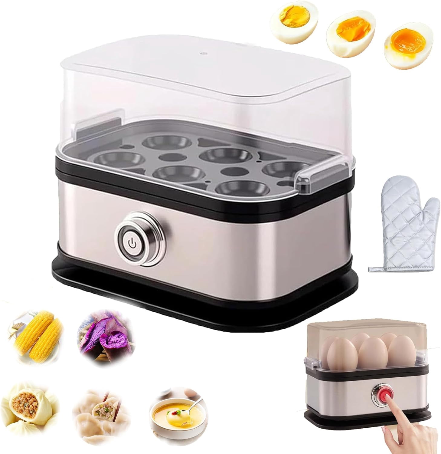 110v Multifunctional Egg Steamer with Clear Lid– 6-Egg Capacity,Stainless Steel Electric EggCooker,Compact & Portable Mini EggBoiler,Auto Shut-Off,Dry-Burn Protection,Soft Medium Hard BoiledEggs (2)