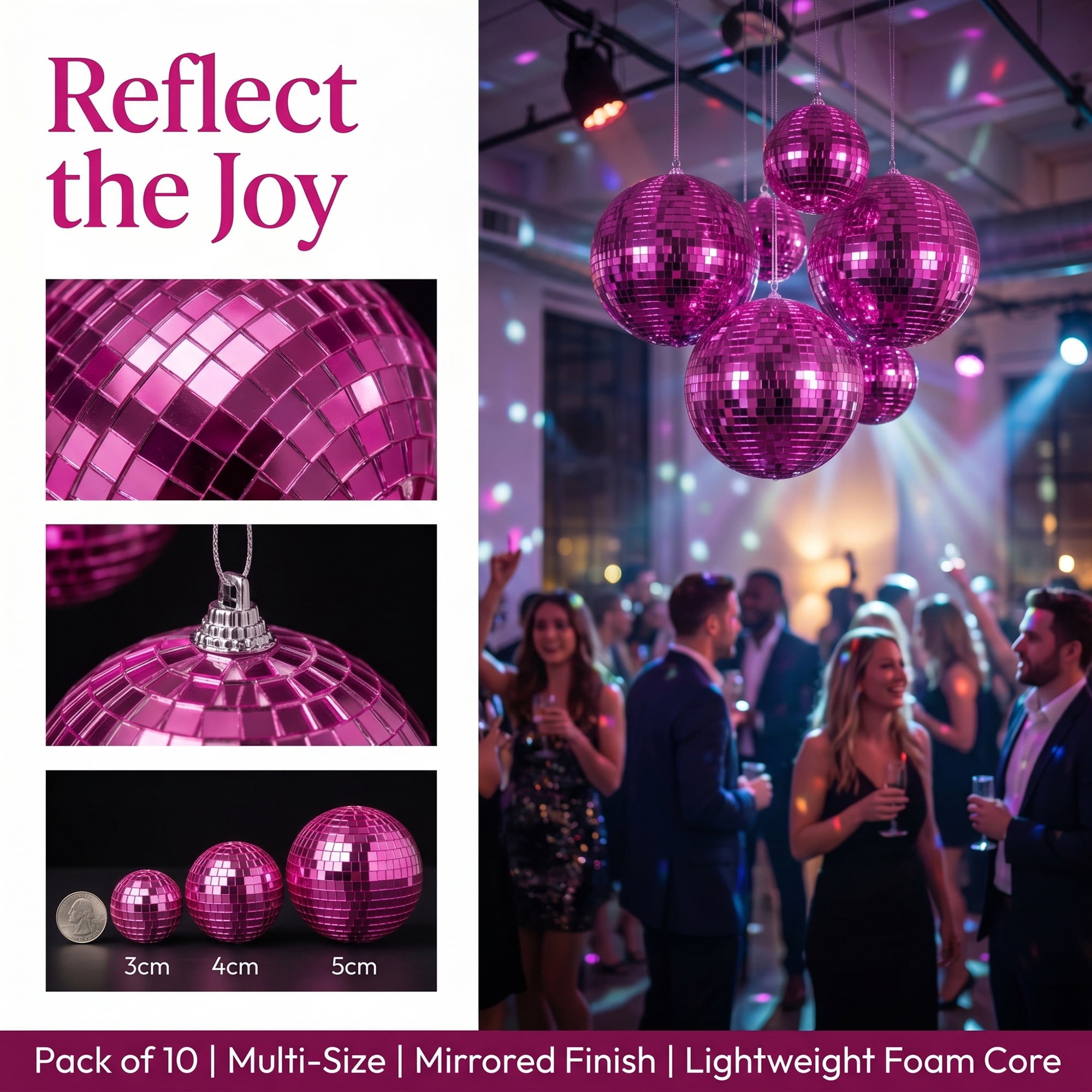 Unique Bargains 10Pcs Mirror Disco Balls for Hanging Sphere Orbs Rose 2"x2"x2"