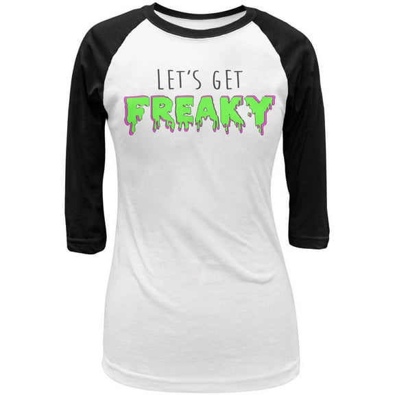 Halloween Let's Get Freaky Black Text Juniors 3/4 Sleeve Raglan T Shirt White-Black LG