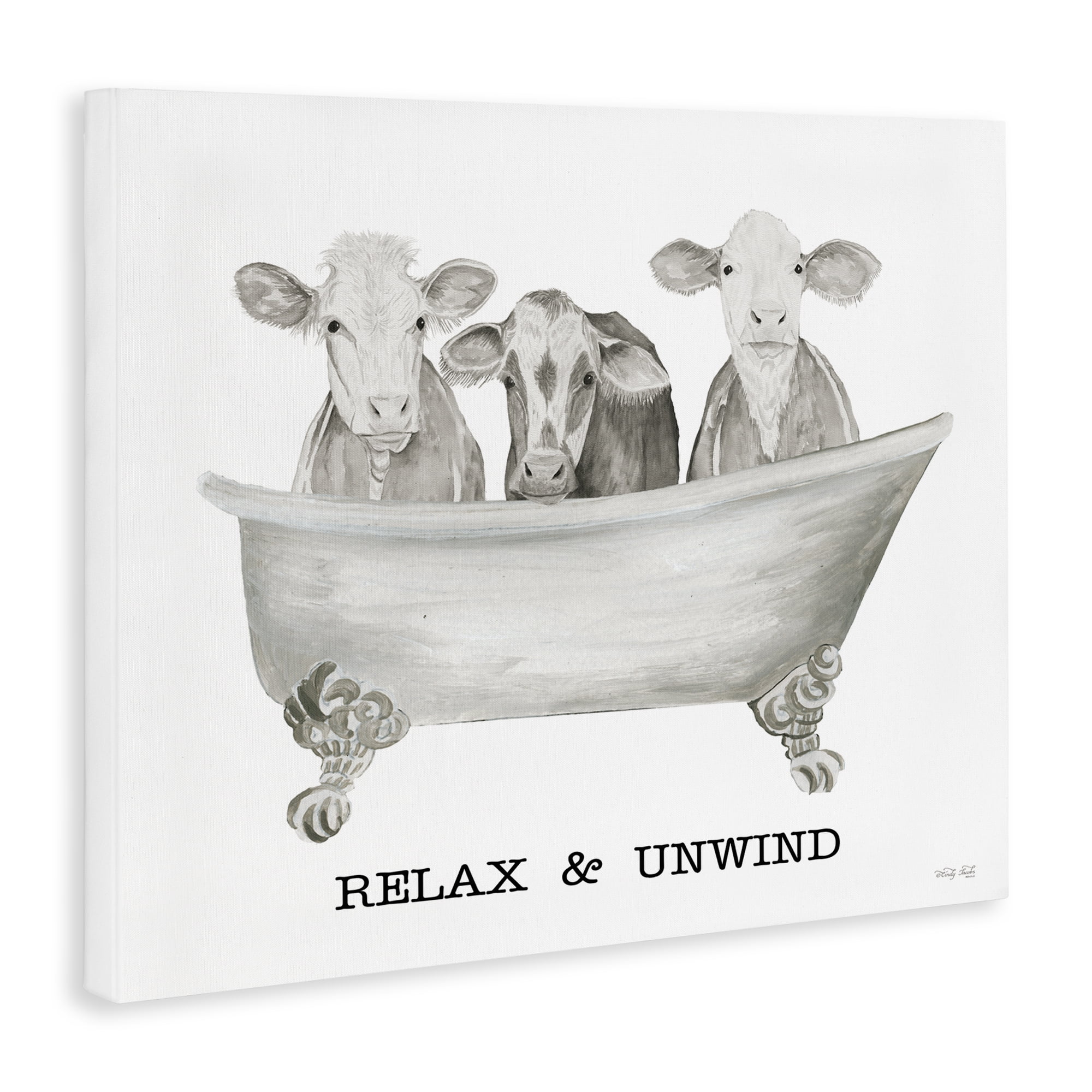 Stupell Industries Relax Unwind Cow Tub Bath & Laundry Painting Wrapped Canvas Art Print Wall Art, 40 x 30