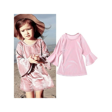

Gwiyeopda Girls Long Bell Sleeve Solid Color Classical Round Neck Loose Smooth Wild Cute Princess Velvet Dress Pink