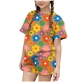 thumbnail image 2 of RKSTN Girls Ensembles pour Filles, T-Shirts à Col Rond à Manches Courtes à Imprimé Floral Coloré avec Shorts, Grande Enfant, Ensemble Pièce Two (Brun, 9-10 Ans), 2 of 6