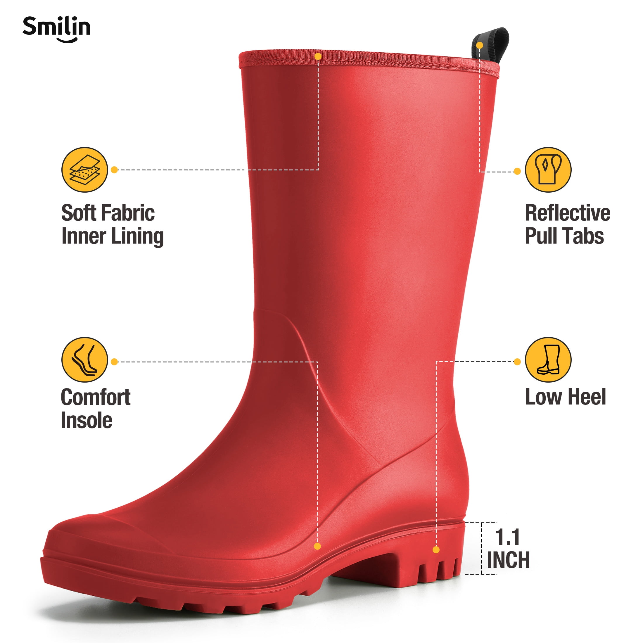 SMILIN Rubber Wide Calf Rain Boots for Women, Red, Size 8