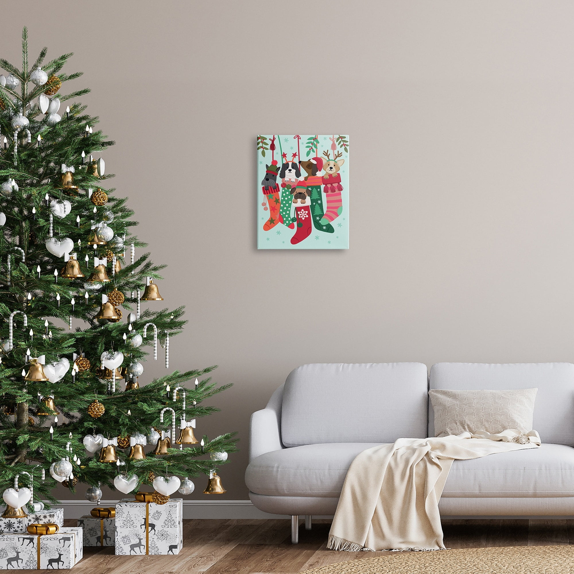 Puppy Dogs Nestled Patterned Stars Christmas Stockings Animals & Insects Graphic Art Gallery-Wrapped Canvas Print Wall Art