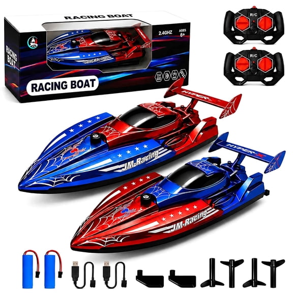 Tigozz Remote Control Boats 2 Pack, 2.4GHz Red and Blue Spider RC Racing Boat Set with 2 Batteries, Pool and Lake Water Toys for Kids Ages 6 