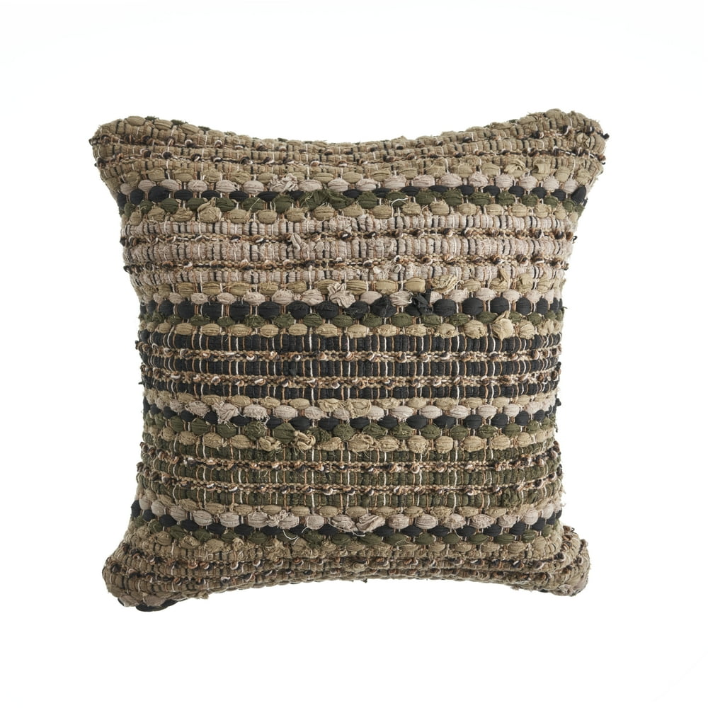 LR Home Khaki Striped Cotton Decorative Throw Pillow, 18 inch, Brown
