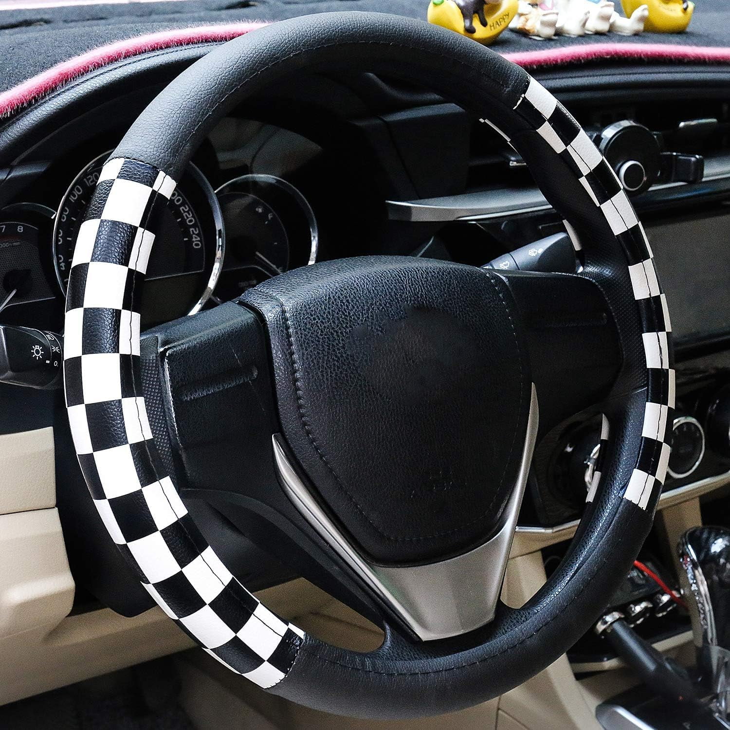 1 Pack Grid Style Microfiber Leather Auto Car Steering Wheel Cover Universal 15 Inch for Women Men, Black