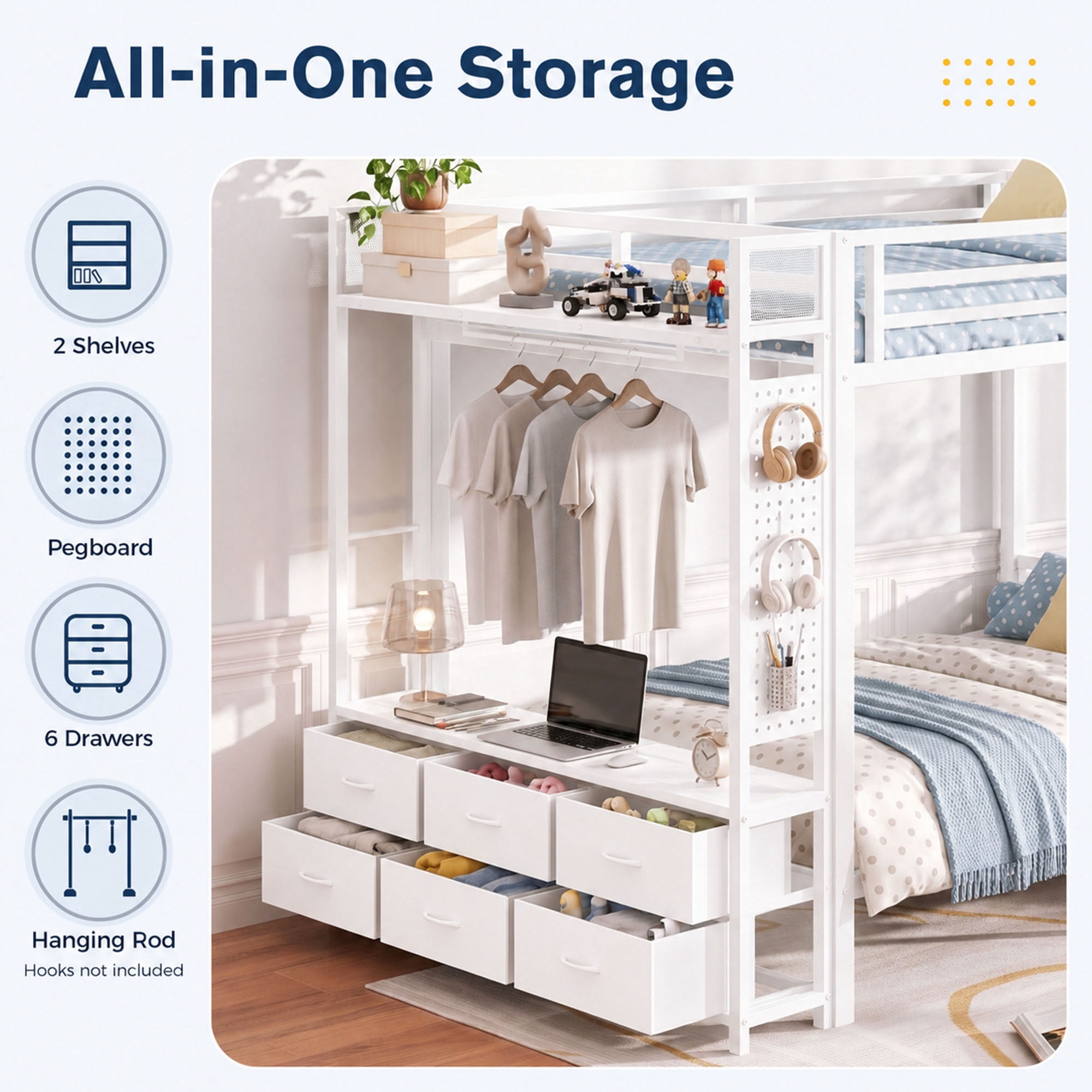 Miniyam Full Over Full Metal Bunk Bed with 6 Storage Drawers, LED Light and Charging Station,White