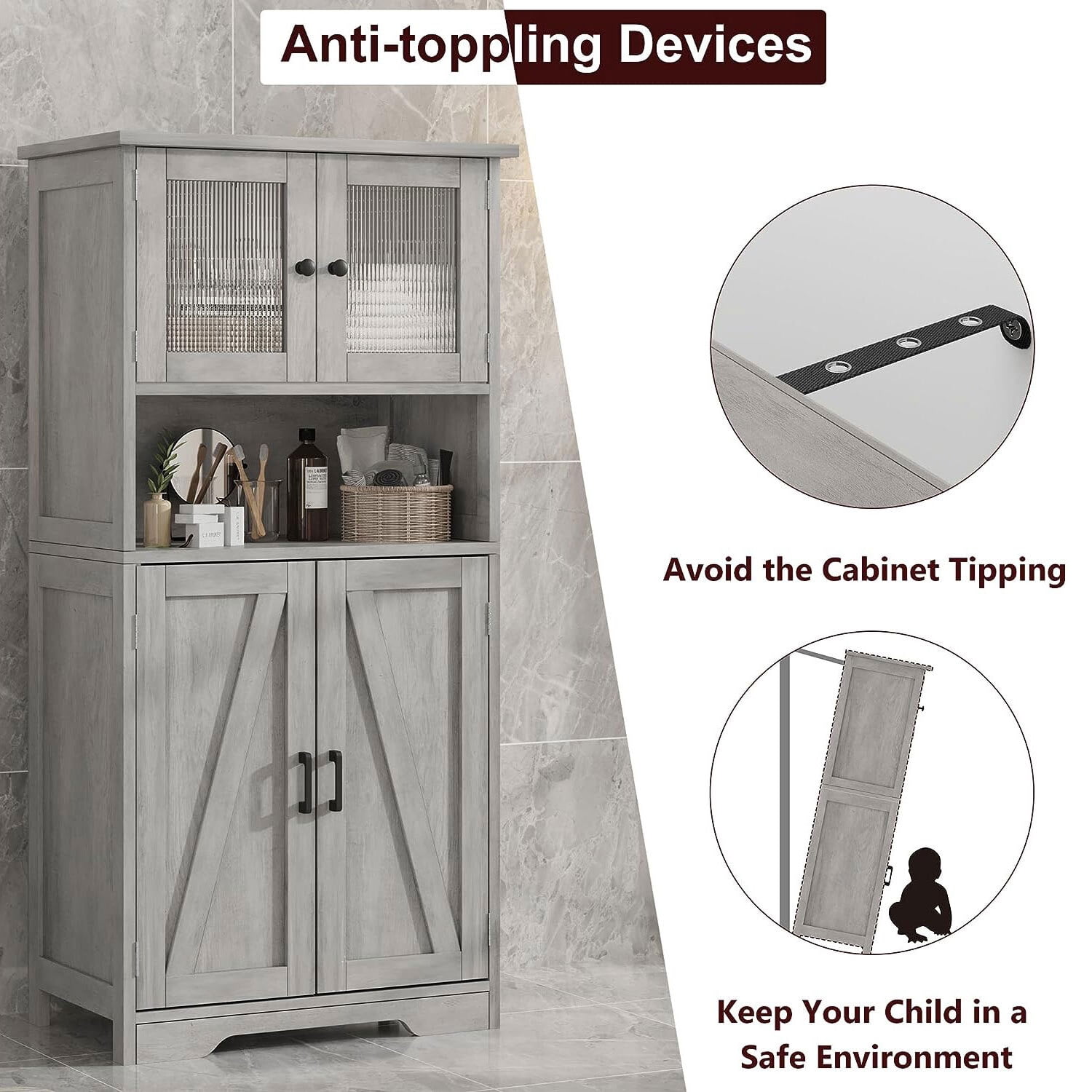 HOSSLLY Double Bathroom Storage Cabinet, Floor White Wooden Linen Cabinet with Shelves and Glass Doors, Kitchen Cupboard, Grey