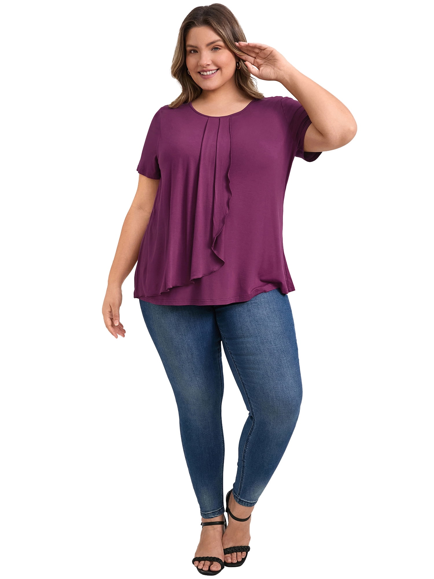 DARING DIVA Women's Plus Short Sleeve Pleated Tulip Hem Casual Top 4X Deep Burgundy