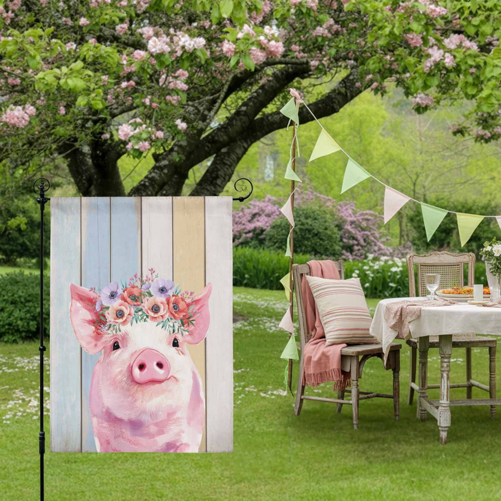 Cute Pink Pig House Flag 28 x 40 Inches, Red Purple Flower Wooden Stripes Farms Animal Weather Proof Outdoor Patio Flags Double Sided Small House Decoration for Yard Lawn Outside Home