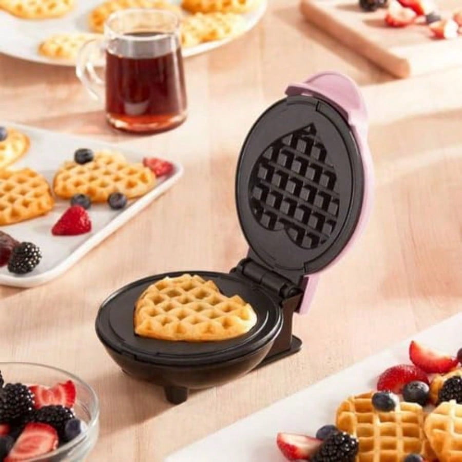 Mini Waffle Maker 4 Inch Plate Waffle Iron for Hash Browns Keto Chaffles Snacks Sandwich Compact Design Non-Stick Surface Easy to Clean Heart Pink