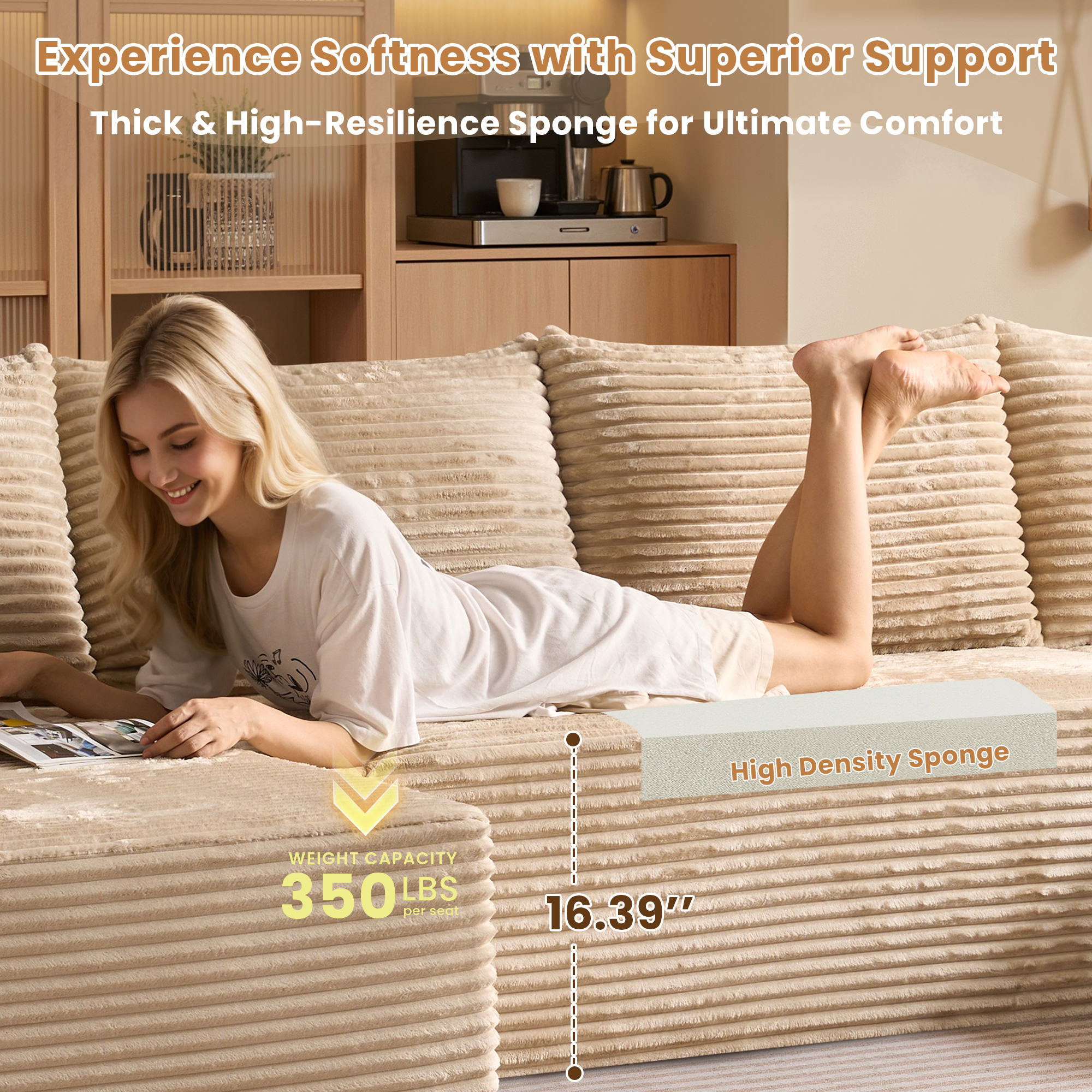 Toject 135" Modular Sectional Sofa, Cloud Modern Sleeper Couch with Chaise Lounge, No Assembly Required, U-shaped Plush Corduroy Sofa Couch for Living Room, Beige