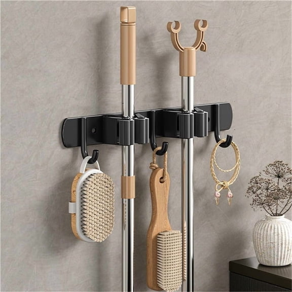 Broom Holder,Stainless Steel Mop Holder, No Drilling, Cleaning Supplies Organizer(2 Racks with 3 Hooks)