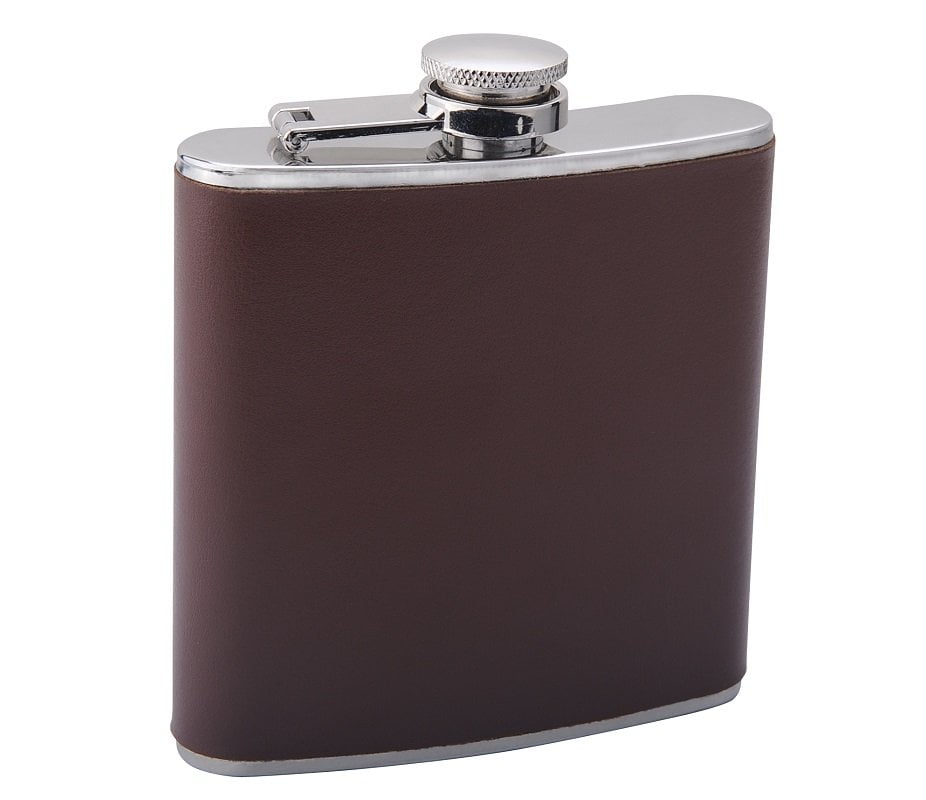 6oz Stainless Steel Hip Flask Leather Wrapped Design 4147 Brown Gift Box 