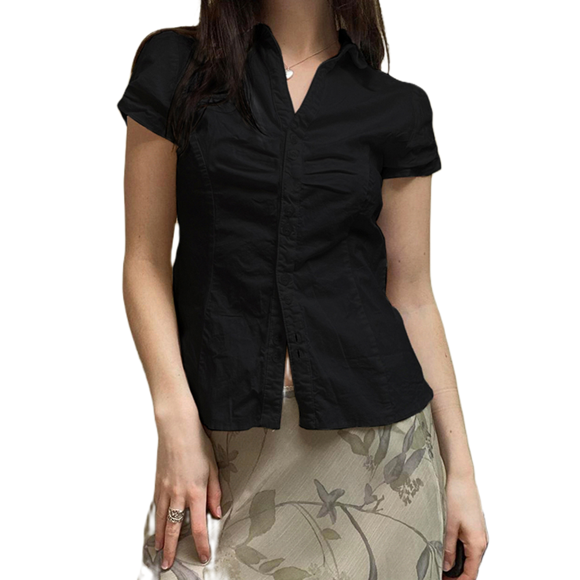 Gupgi Women Button Down Shirts Cap Sleeve Lapel Collar Tight Blouse Tie Up Back Slim Fit Tops Summer Basic Office Shirts
