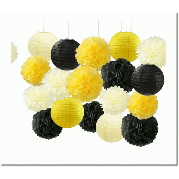 Buzzing Bee Baby Bash Decor Set - Sunny Yellow & Cream Tissue Pom Poms, Black Flower Lanterns - Perfect for Honey Bee Themed Birthday, Bridal Shower, Wedding - 18Pcs Mix