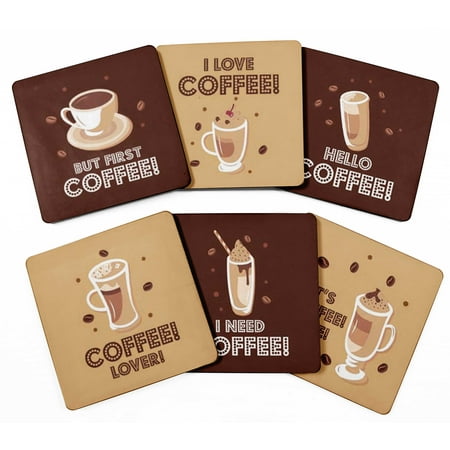 

Inkdotpot Set of 6 Drink Coasters DecorativeNon SlipCork Base4-inch Square PrintedCoastersEasy Clean- Coffee Quote