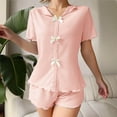 thumbnail image 4 of Bow Button Up Pajamas Set for Women Short Sleeve Ribbed Knit Sleepwear 2 Piece Pjs Shorts Set Pink, 4 of 6