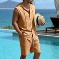 thumbnail image 5 of HBGVBA Mens Summer Set Solid Color Loose Linen Pocket Elastic Waist Shorts Button Hooded Tank Top Shirt 2 Piece Beach Set, 5 of 5