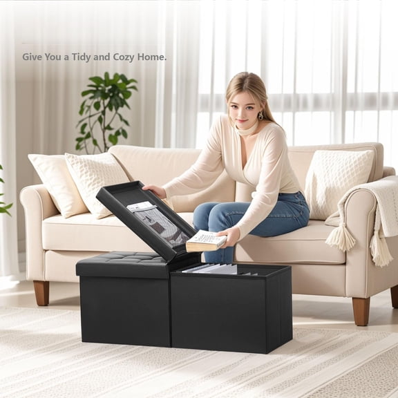 Black Leather Ottoman Footstool with Storage, 34-Inch Padded Bench, Coffee Table and Blanket Storage with Flip Lid for Living Room and Bedroom