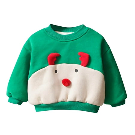 

BSDHBS Boys Sweatshirts Green Christmas Kids Child Baby Boys Girls Cartoon Deer Long Sleeve Tops Lined Sweatshirt Winter Warm Pullover Xmas Outfit Size 80