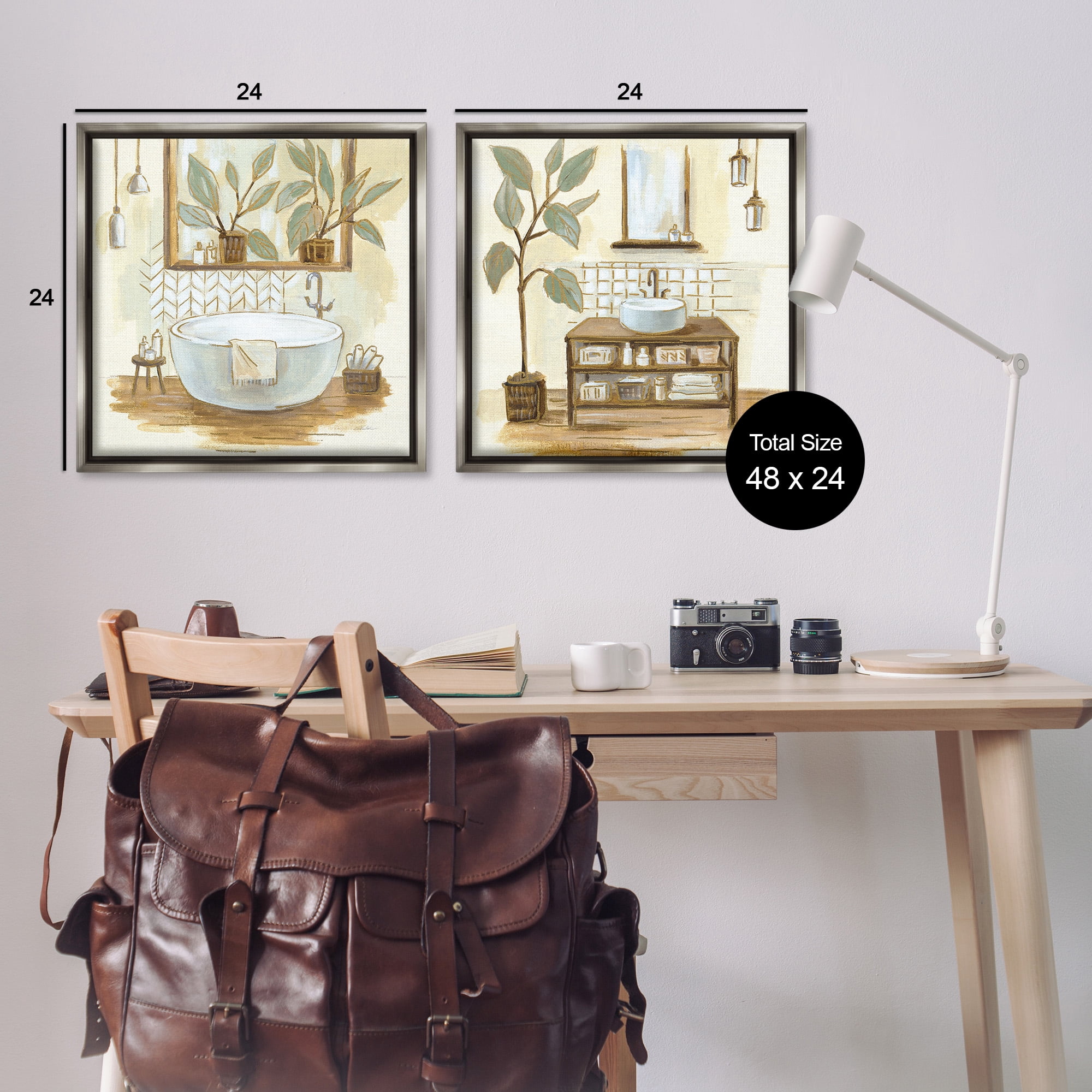 Stupell Industries Sage Green Bathroom Interiors Botanical & Floral Painting Gray Floater Framed Canvas Art Print Wall Art, 25 x 25, Set of 2