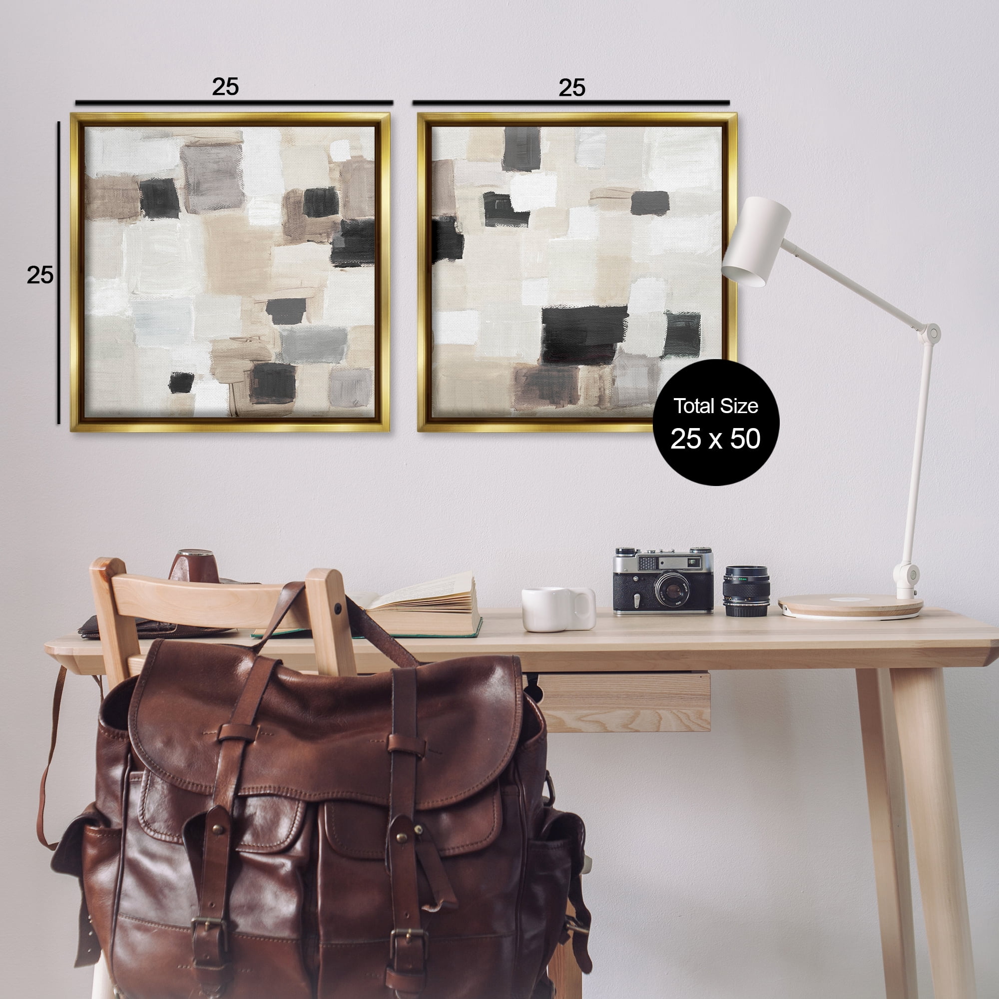Stupell Industries Neutral Patchwork Squares Abstract Painting Gold Floater Framed Canvas Art Print Wall Art, 25 x 25, Set of 2