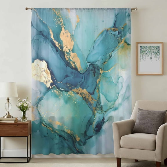 Turquoise Marble Sheer Curtains 96 Inches Long, Abstract Minimalist Art Ombre Blue Light Filering Curtains, Privacy Drapes Simi Floor to Veiling Curtain for Living Room Bedroom Large Window Treatment