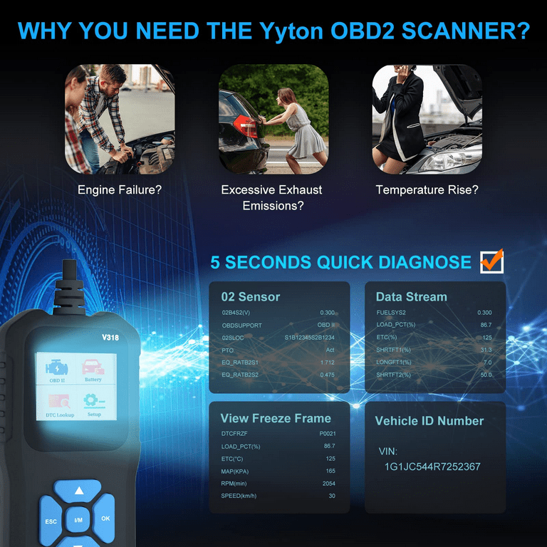 Yyton Car OBD2 Scanner, Car Code Reader for Engine Fault with Full System  Functions, V318 OBD2 Diagnostic Scan Tool for All OBDII Protocol Cars since  1996 