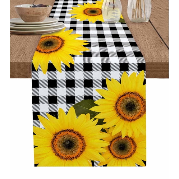Ldtrchee Yellow Sunflower Table Runner 70 Inches, Retro Buffalo Plaid Checkered Black Bed Runner Dresser Scarves Tabletop for Indoor Outdoor Parties/Ceremony/Banquet, 13" x 70"