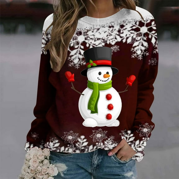 Babysbule Christmas Shirts for Women Women Autumn And Winter Casual Snowman Printed Round Neck Long Sleeve Pullover Blouse Sweatshirt Tops Clearance Tops Fashion